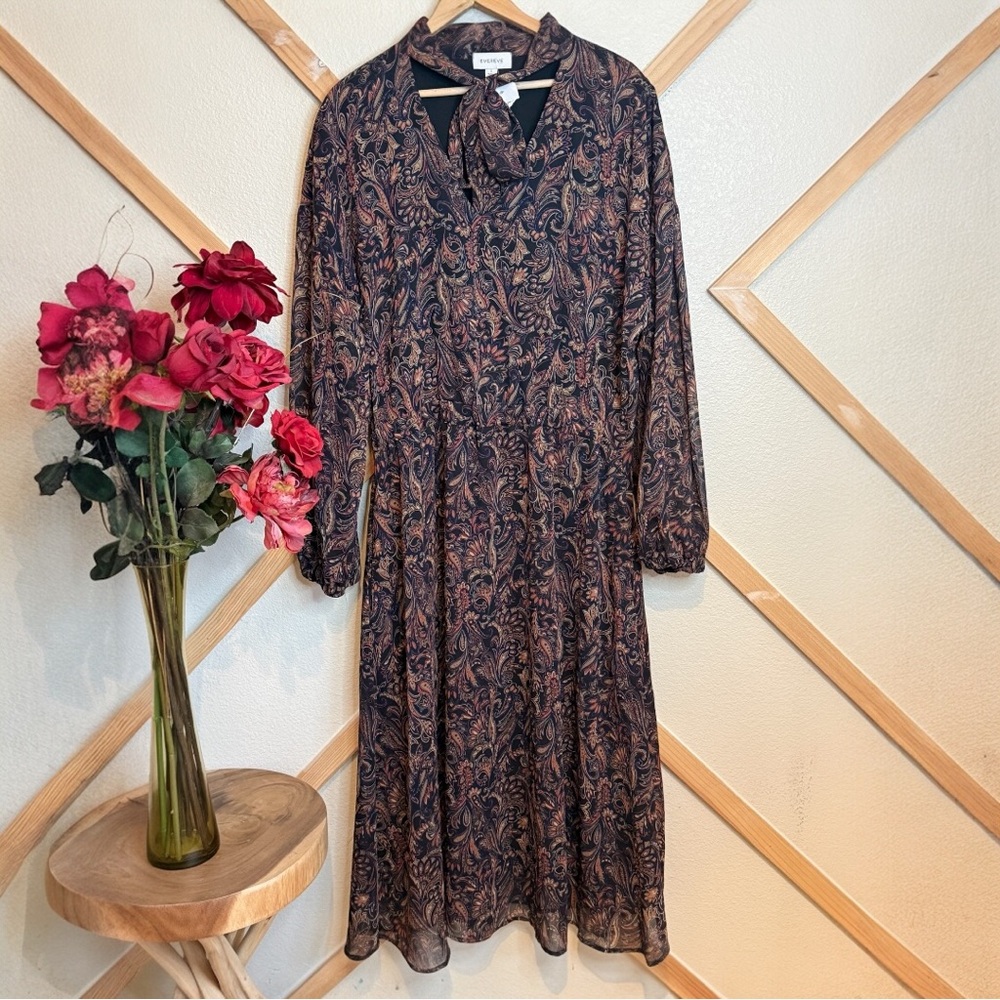 EVEREVE Large Women’s Paisley Eliza Chiffon Lined Puff Sleeve Midi Dress Boho